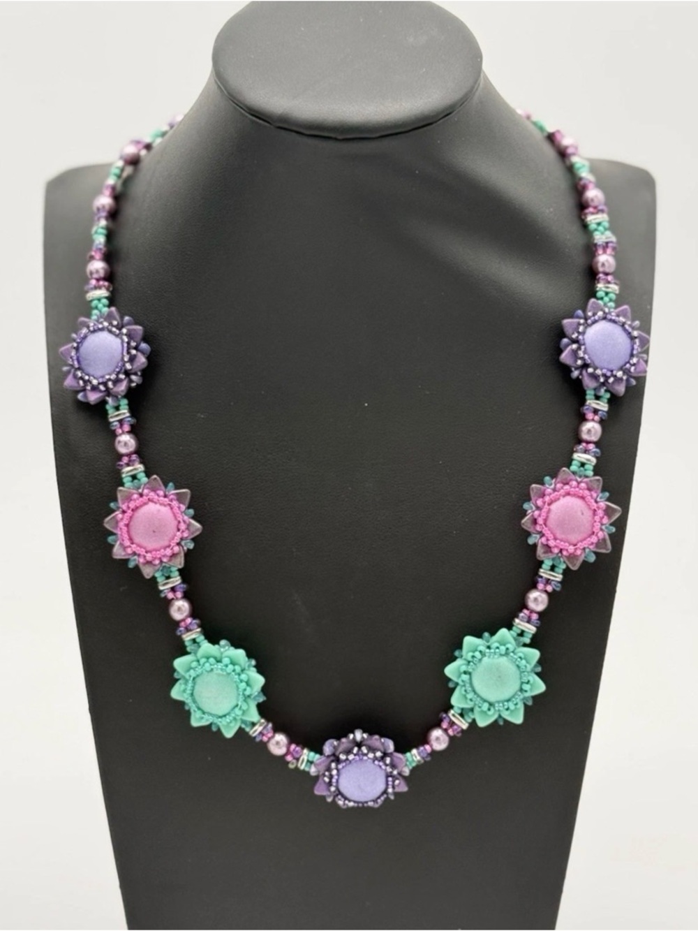 Handmade Beaded Flower Statement Necklace 21" Purple Pink Teal Silver Tone